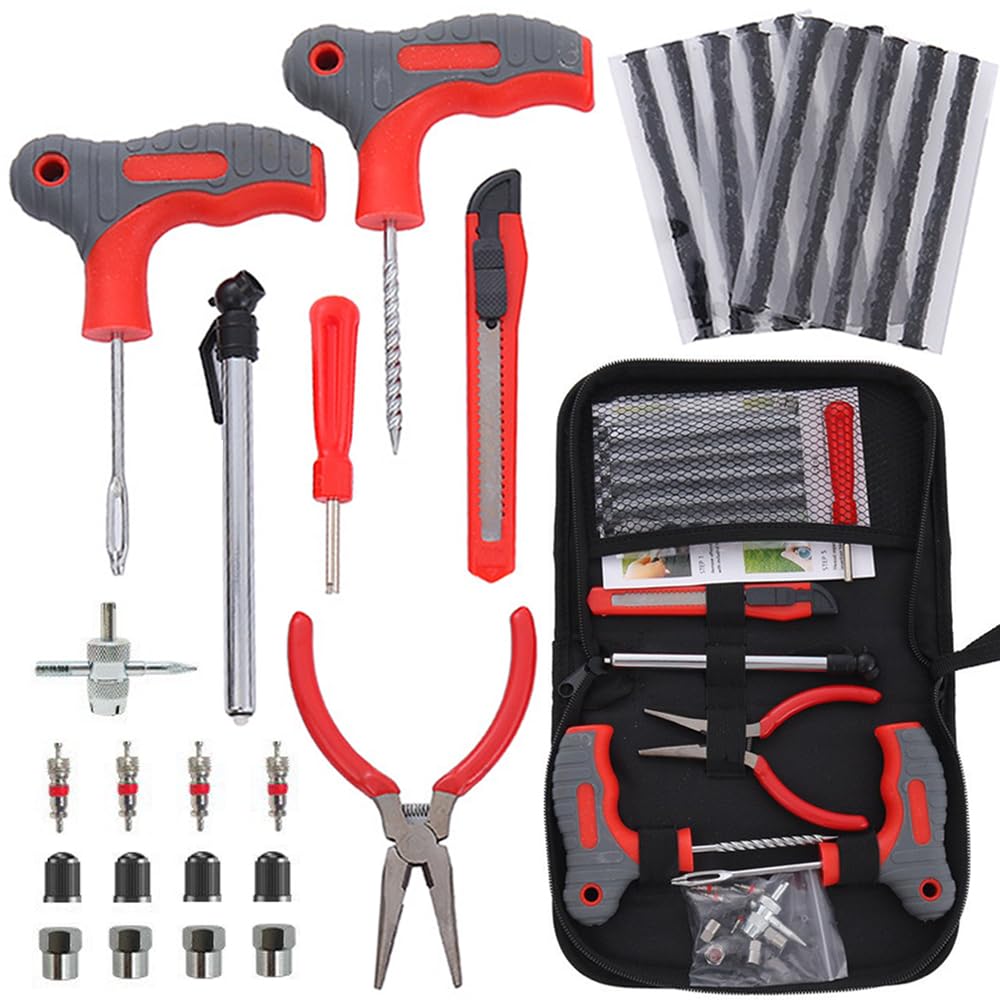 EIDANZ 35 Pcs Tyre Repair Kit, Car Tyre Puncture Repair Kit, Tubeless Tire Repair Kit – Heavy Duty Emergency Flat Tyre Fix Set with Pressure Gauge, T-Handle Tools & Tread Depth Gauge
