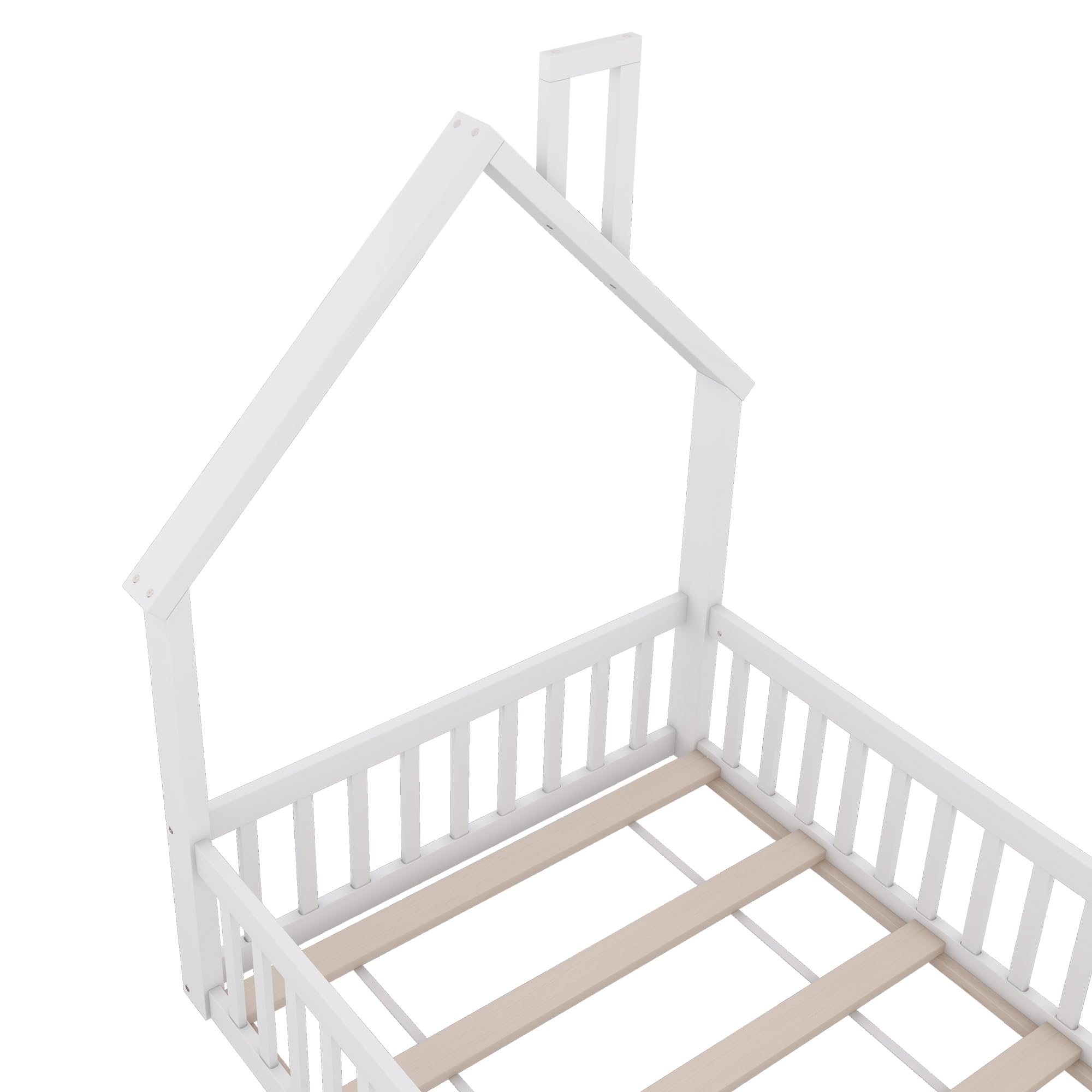 Merax Kinderbett Bodenbett 90x200 cm Hausbett mit Rausfallschutz & Lattenrost, Schornsteinform, öffnbarem Zaun - Montessori Bett, Jugendbett, Holz Bettgestell(ohne Matratze), Weiß