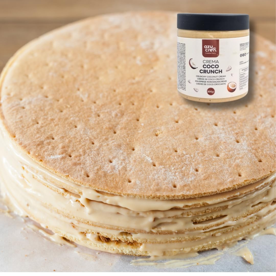 Azucren, Crema de Coco para Untar con Crujiente de Avellana, Crema para Rellenar Tartas, Perfecta para Combinar con tus Desayunos, Meriendas y Aperitivos, Prepara Helados con Coco Crujiente, 300 G
