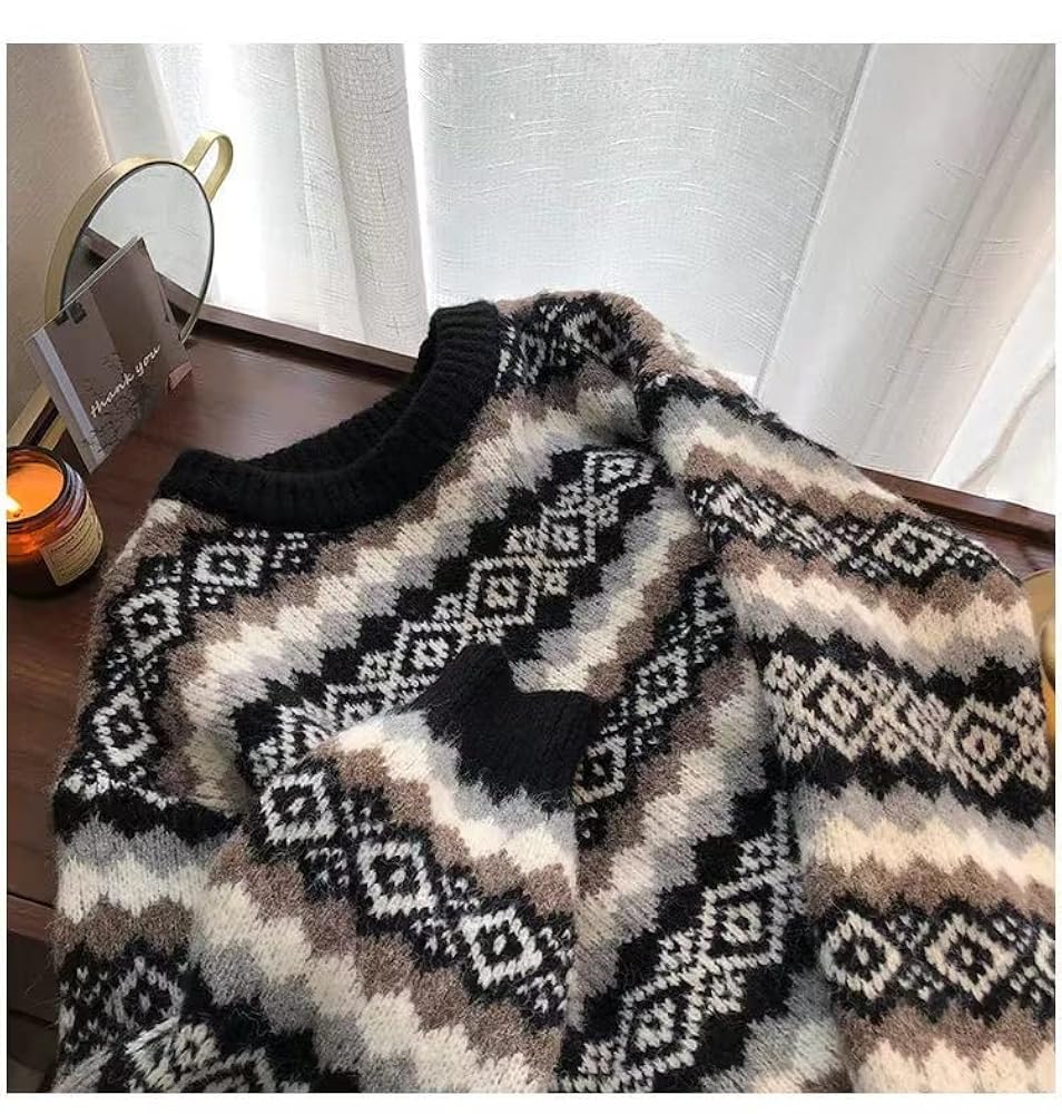 Women's Argyle Print Pullover Aztec Western Sweater Crewneck