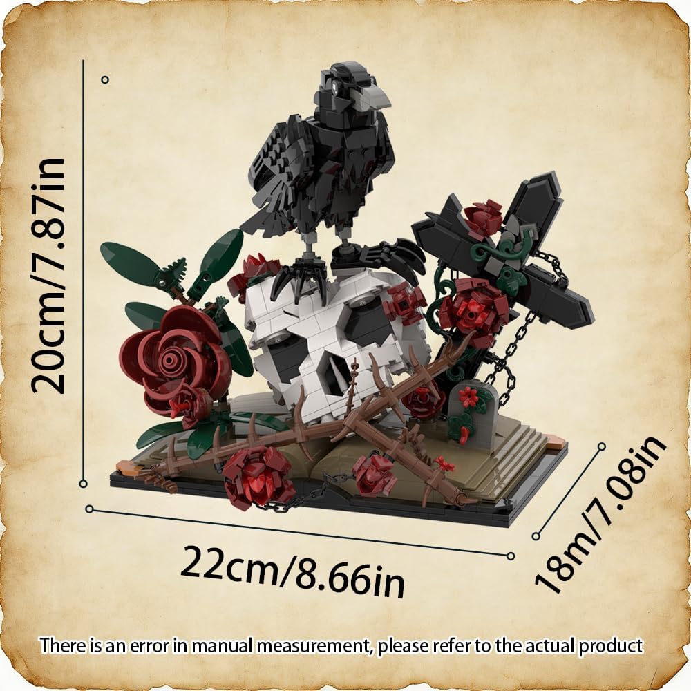 Gothic Raven Skull Rose Building Set - 852pcs Skull Decor with Flowers & Cross, Valentine‘s Day Decor for Adults, Men, Women, Home Office Table Centerpiece, Easter Basket Stuffer