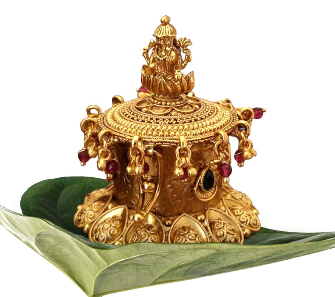 Denique Brass Sindoor Box Gold Plated Sidoor Pot Gold sindoor Dani/Wedding Gift/Pooja Accessory/Kumkum Dabbi,(OM) Laxmi Kempu StoneLatkan 3