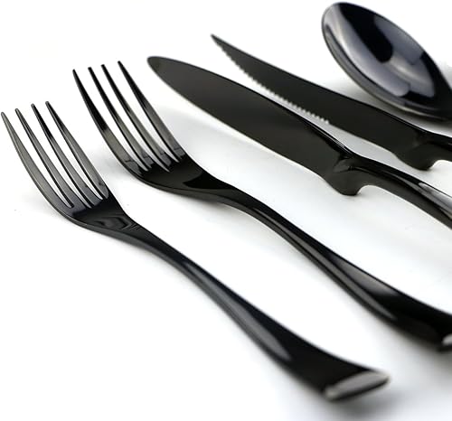 Miniatura 3 de Juego de cubiertos de acero inoxidable negro pulido con espejo, cuchillo de carne, tenedor, tenedor de ensalada, cuchara de postre, 24 piezas,