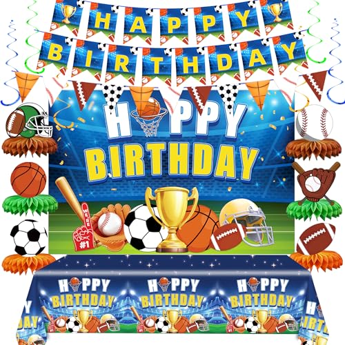 Sports Birthday Party Decorations Set All-in-One Sports Theme Party Supplies with Birthday Backdrop Happy Birthday Banner Hanging Swirls Honeycomb Decor Triangle Flags and Tablecloth for Boys Kid