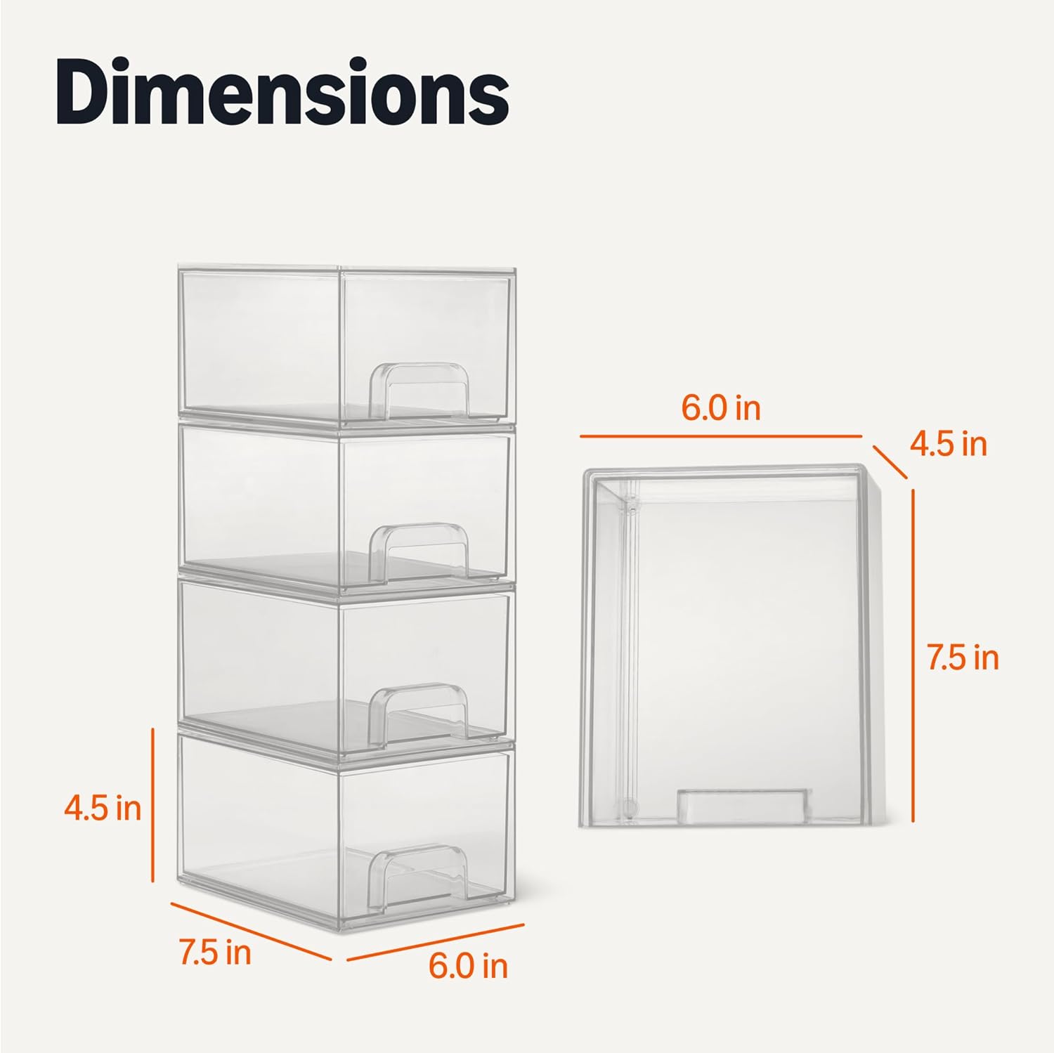 Amazon Basics Stackable Plastic Storage Makeup Organizer Drawers, Clear, 7.5" x 6" x 4.5", 4 Pack