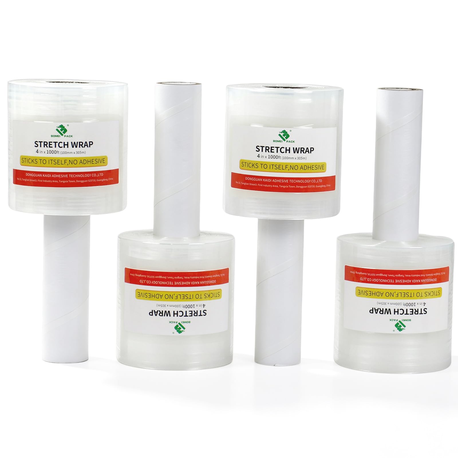 BOMEI PACK Pellicola estensibile in miniatura con maniglia, confezione da 4,10 x 305 m, pallet wrap trasparente autoadesivo, pellicola in plastica, retrattile per stoccaggio, imballaggio in movimento