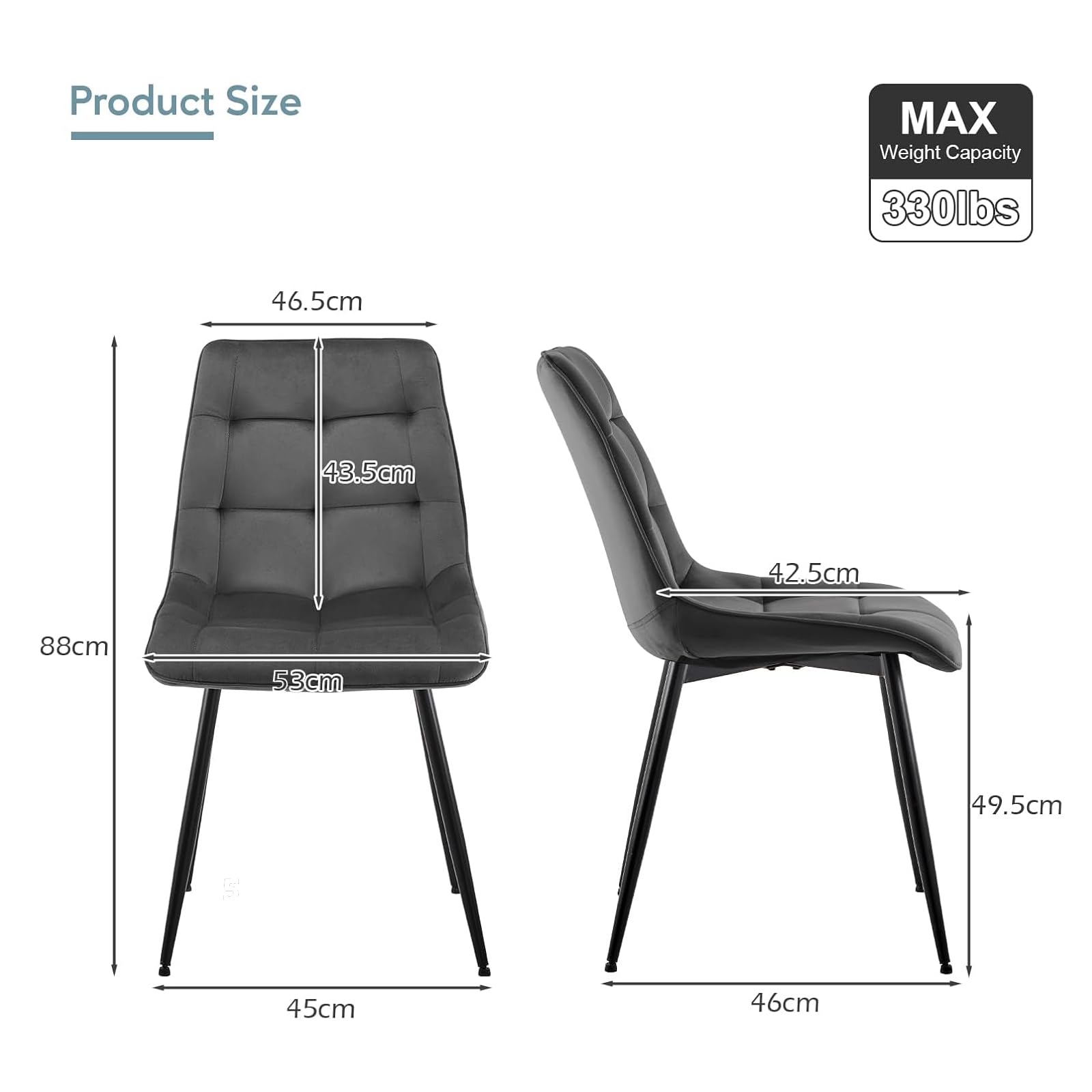 TUKAILAI Esszimmerstühle 6er Set aus Samt, Küchenstuhl Polsterstuhl Wohnzimmerstuhl mit Rückenlehne,Gepolsterter Sitz, Metallbeine, Design Stuhl für Küche Esszimmer, Dunkelgrau