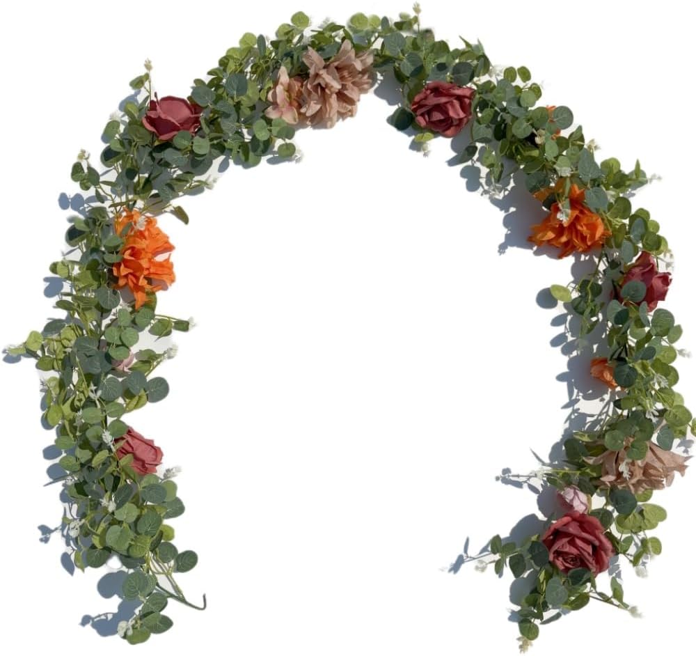 Artificial Flower Garland，6.5Ft Fake Dahlia Rose Floral Eucalyptus Greenery Garland Vine for Wedding Arch，Table Runner Centerpieces Backdrop Room Wall Hanging Plant Decor（Orange）