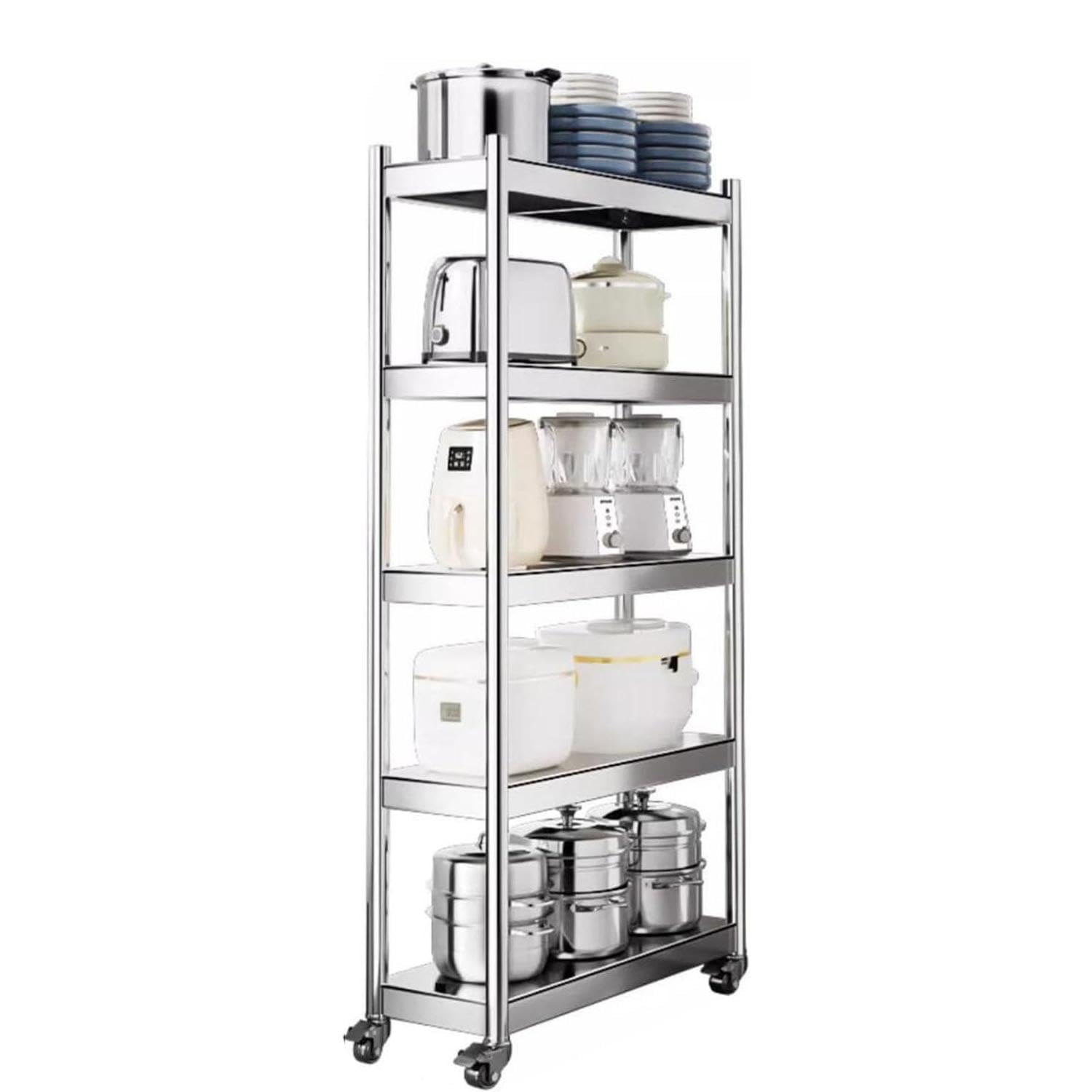 Carrello multiuso in acciaio inox – Carrello multiuso da cucina e bagno a 3/4/5 ripiani, per piccoli spazi, organizzazione del frigorifero, soluzione di archiviazione durevole ed elegante