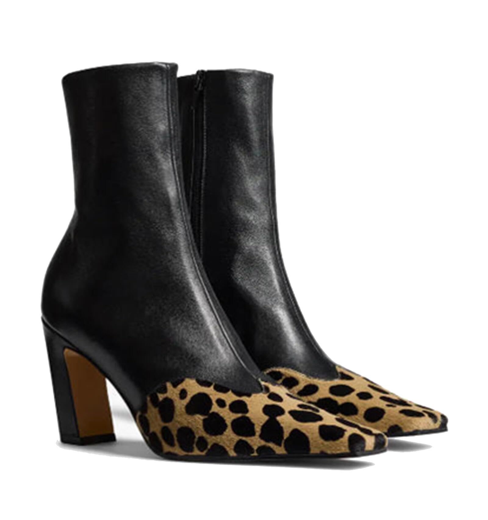Womens Pointed Toe Ankle Boots Leopard Print Patchwork High Heel Booties Zipper Closure Fashion Short Boots