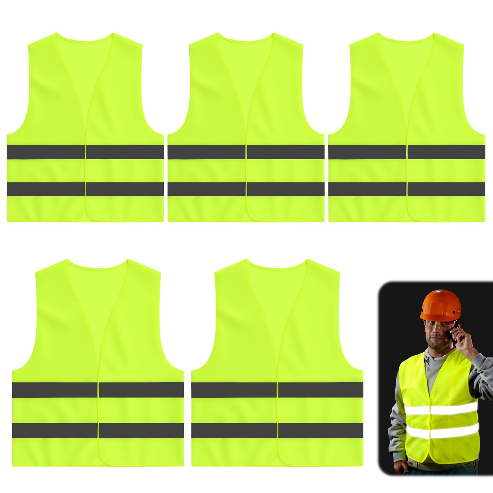 5 Pack High Vis Vests Yellow Hi Vis Vest High Visibility Reflective Safety Vests Fluorescent Hi Vis Jacket for Men Women Traffic Work Night Running Surveyor Security Guard Construction