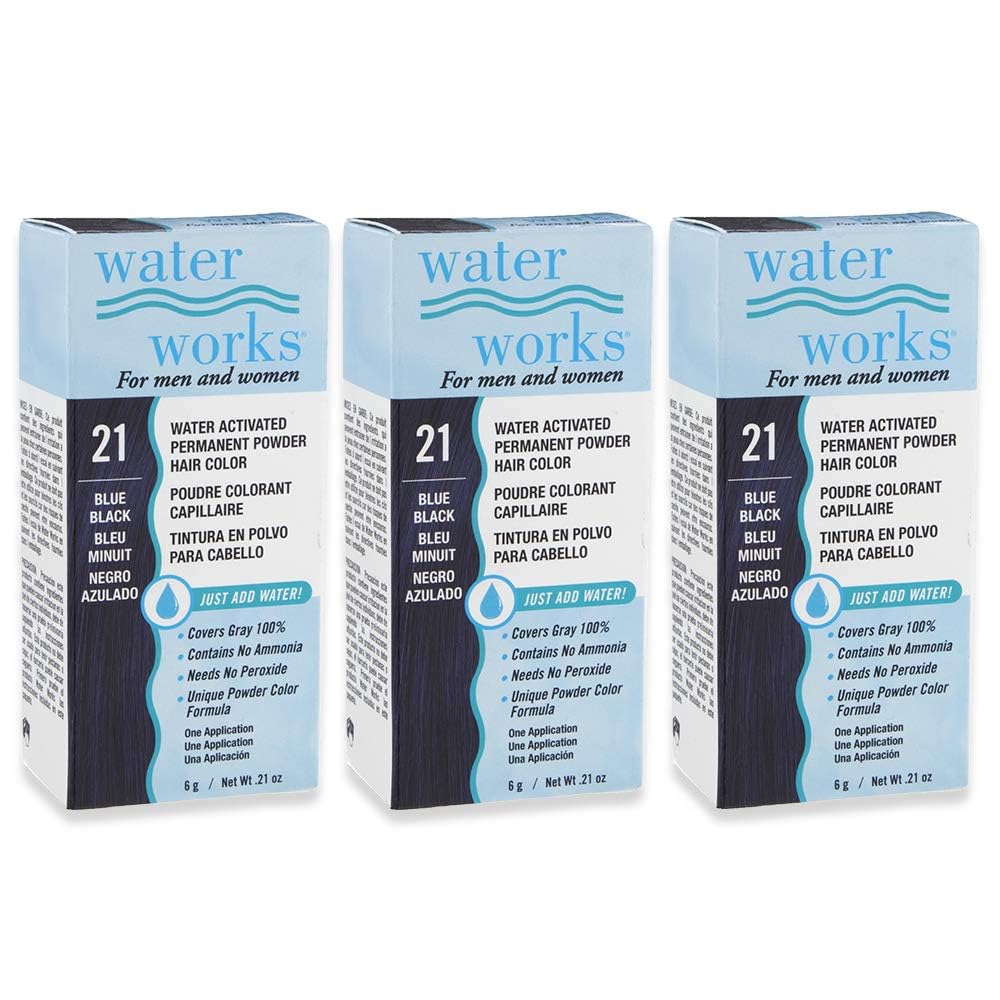 Water Works Hair Color Powder, Blue Black – Permanent Hair Dye for Root Touch-Up & Full Coverage, Men & Women, 3 Pack