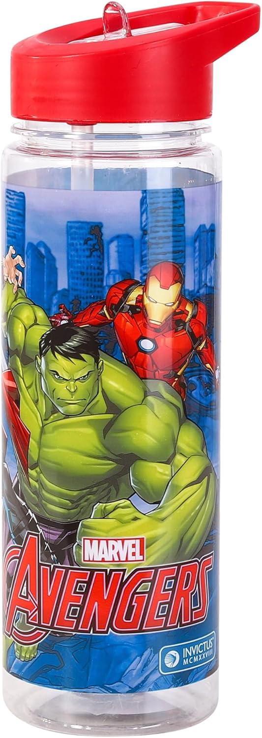 Top Linen (NW) Ltd Marvel Avengers Water Bottle Flip Up Straw 650ml – Official Diseny Merchandise,Reusable Non Spill - BPA Free - Recyclable Plastic - Ideal For School Nursery Sports Picnic