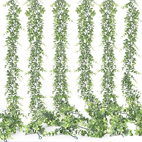 COCOBOO 6 Pack 36ft Artificial Greenery Garland Bulk, Boxwood Garland Eucalyptus Garland for Wedding Arch, Fake Vine Faux Plant Frosted Leaves for Party Wall Decor (Grey Green)