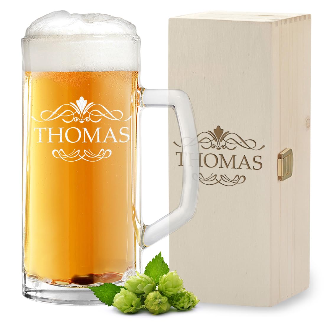 Ensemble chope à bière de 500 ml et boîte en bois avec gravure - Cadeau d'anniversaire pour homme - Idéal pour anniversaire et fête des pères - Verre à bière pour Pils et Craft Beer - Passe au