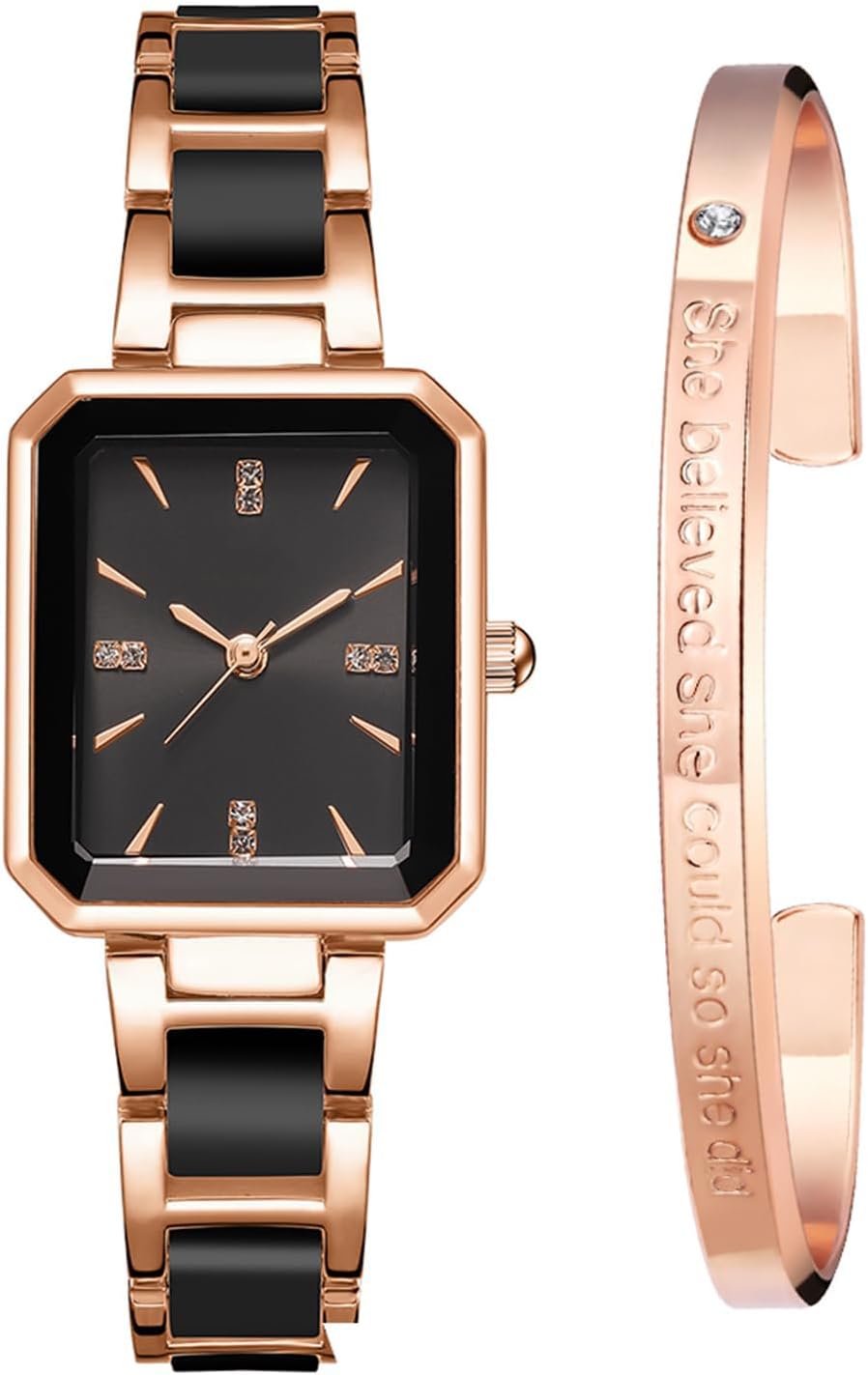 NALACAL Rose Gold Stainless Steel Square Diamond Quartz Wristwatch, Fashionable Waterproof Ladies' Date Watch