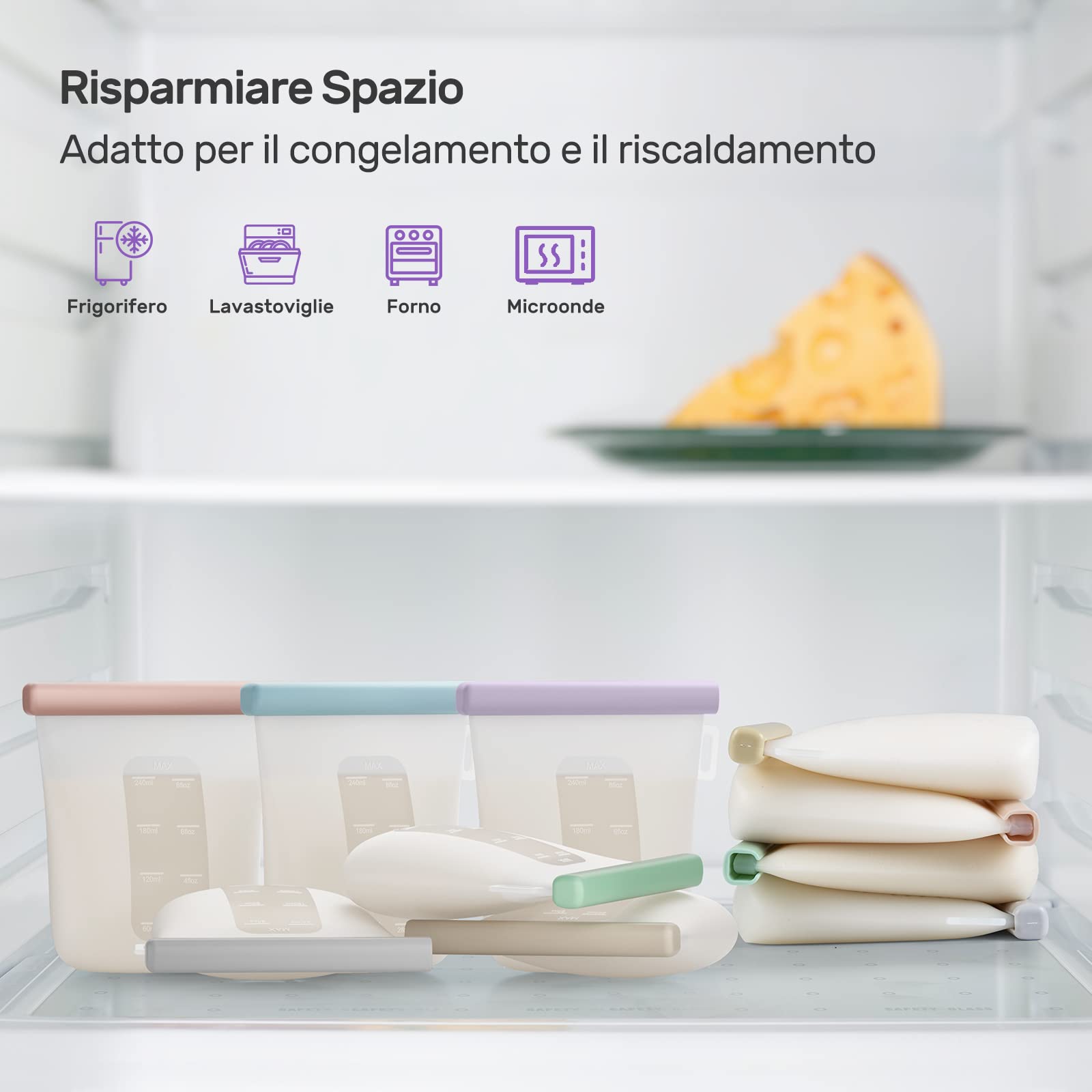 Nuliie 7 pezzi riutilizzabili contenitori latte materno, 8oz/240ml a prova di perdite, sacchetti latte materno in silicone alimentare per l'allattamento al seno, BPA Free, doppio sigillo, autoportante