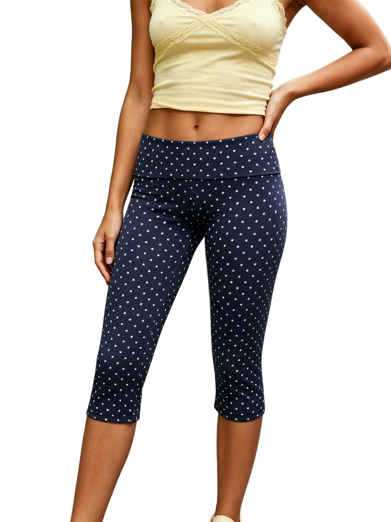 SANSIWU Women Fold Over Polka Dot Capri Leggings Stretch Slim Yoga Cropped Pants (A-Dark Blue, M)