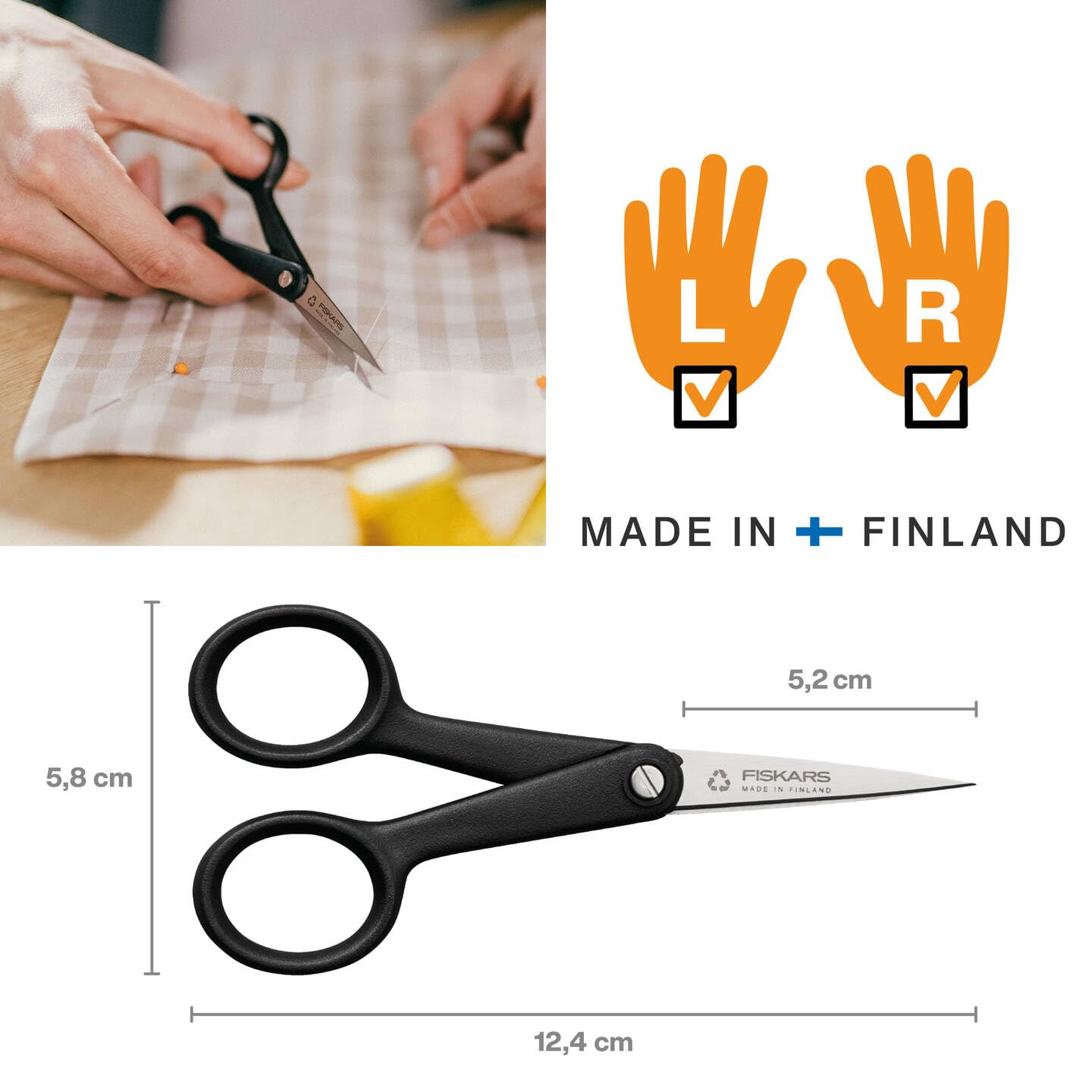 Fiskars ReNew manual shears, length: 12.4 cm, recycled stainless steel/recycled plastic, functional shape, black, 1074541 - Image 2