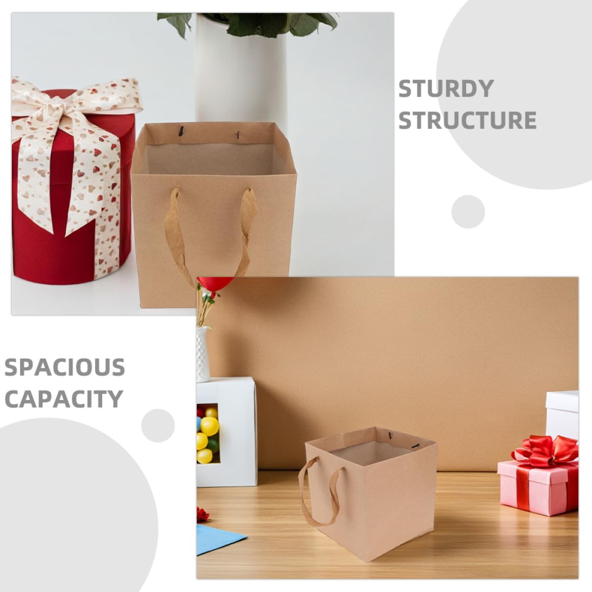jojofuny Sacchetti di Carta Kraft Quadrati 10 Pezzi Manici, 25X25X25 CM, per Confezioni Regalo, Fiori e Cibo da Asporto, Adatti a Negozi e Presentazioni