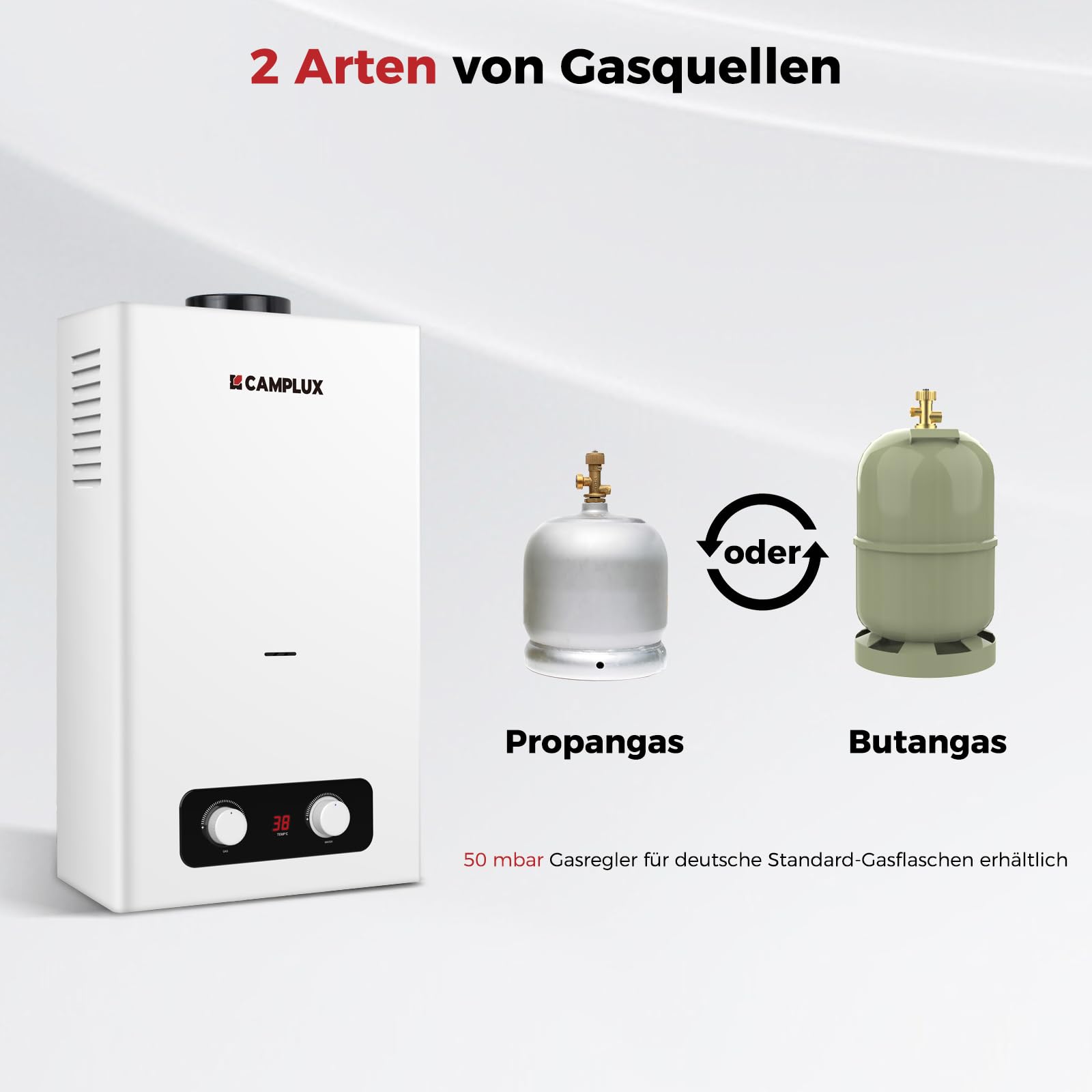 CAMPLUX BD264-DE Gas-Durchlauferhitzer, 10 Liter, LPG, 50 mbar, für Wohnmobil/Camping/Garten/Mobilhäuser/kleine Häuser