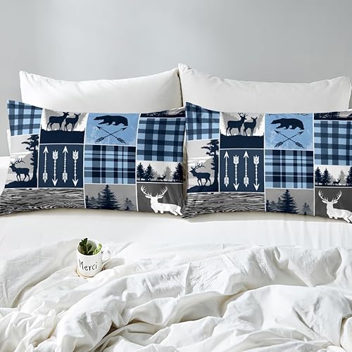 Miniatura 75 de Sábana bajera ajustable de oso de caza, juego de ropa de cama a cuadros de búfalo, sábanas de retazos de cabaña rústica para niños, niños, Multi