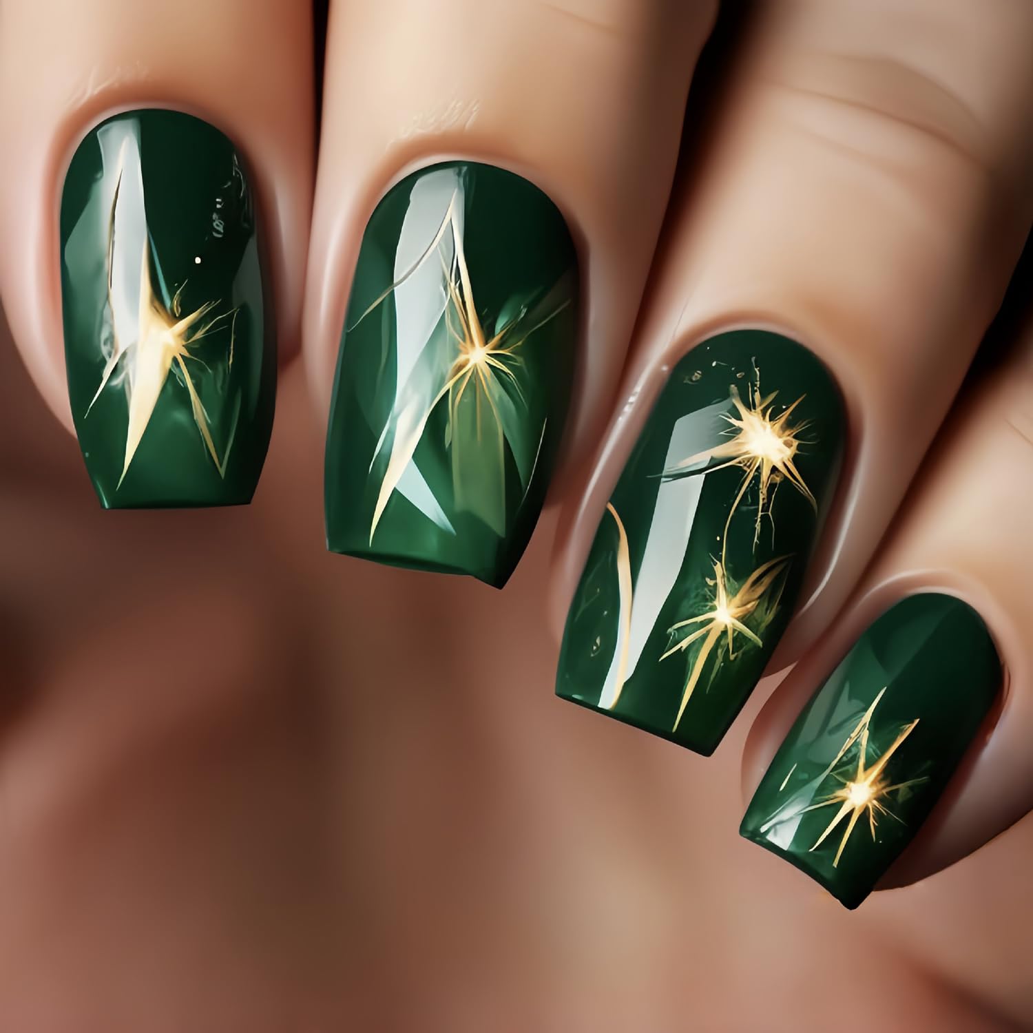 TBRZTR Green Press on Nails Medium Length Lightning Pattern Design Fake Nails Full Cover Glossy Coffin Nails Artificial Acrylic Nails Green Square