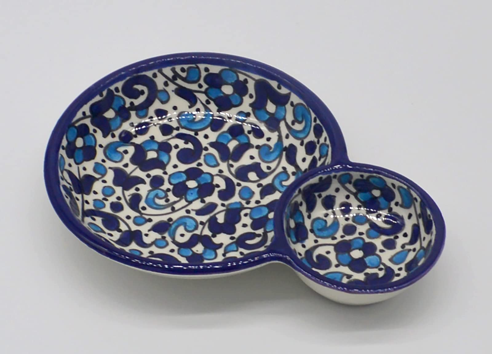 Handmade Moroccan Round Double meze Dishes for Nibbles, Snacks, Tapas and Olive from Fez Light Blue and Turquoise Baroque Design (Medium L17 Ø12 H3 cm)