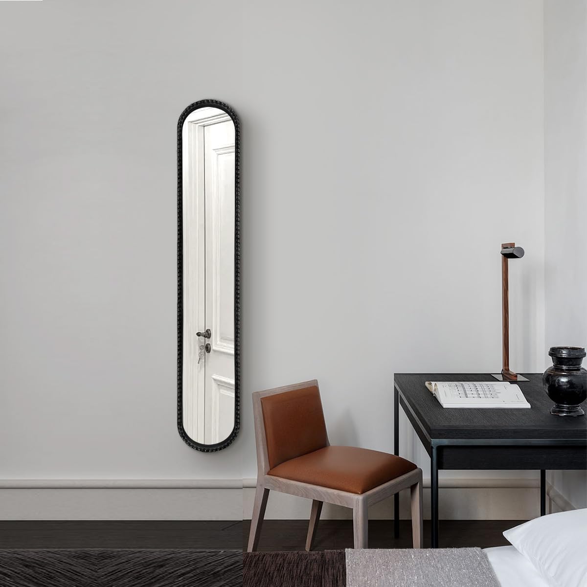 Condition photo showing New/Like New for long narrow decorative wall mirror, skinny oval mirror for entryway living room bath decor,metal frame with beaded decor mirrors,7.9x 44