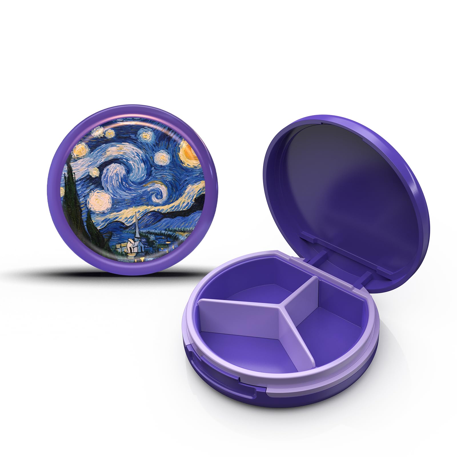 Serfeymi Small Pill Case for Purse, Unique Artistic Patterns Travel Pill Box with 3 Compartments, Portable Mini Pill Organizer for Pocket, Decorative Pill Container for Purse - Purple(StarryNight)-image-25