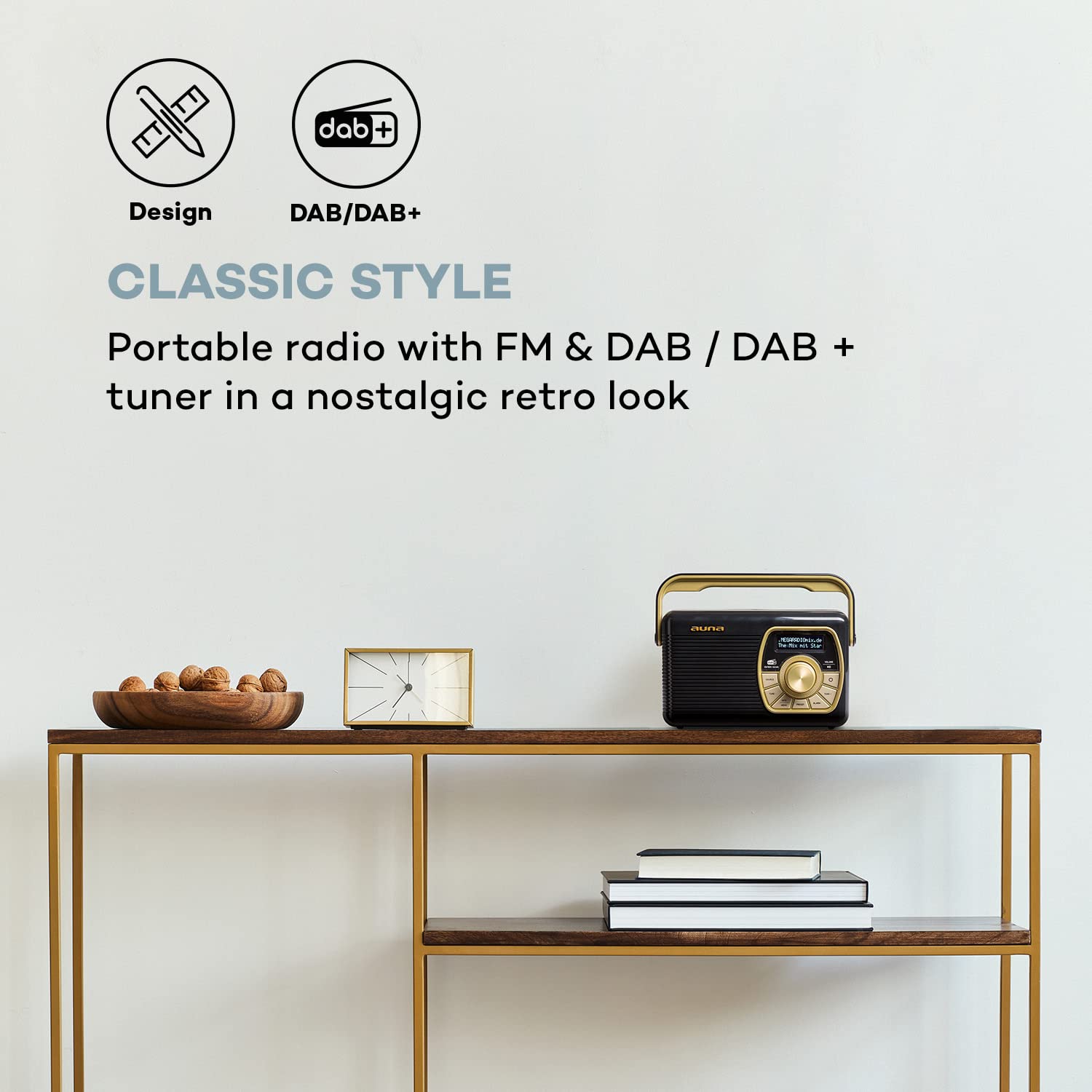 Radio Portable Auna Buddy Dab+ - Bluetooth 5.0, Récepteur DAB/FM, Batterie 1Ah, Look Rétro, Réveil