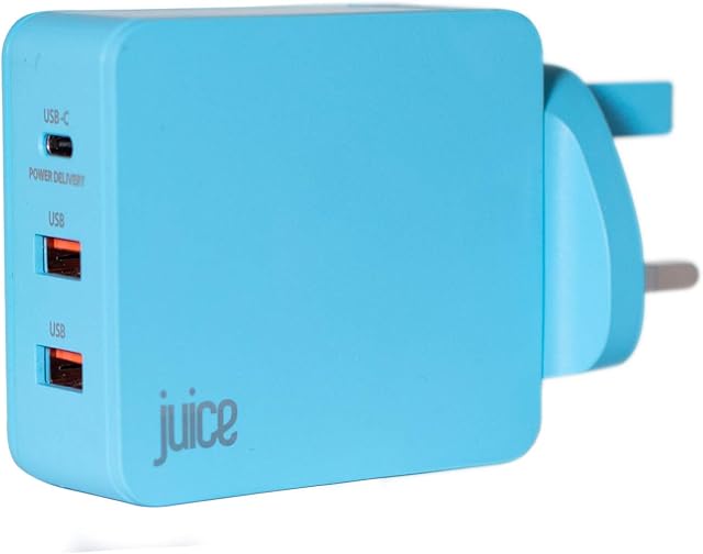 Juice Triple Three Port Universal Mains Charger USB Type-C & USB, 3.1A - Aqua