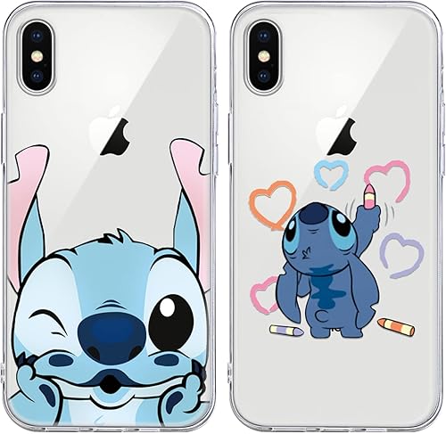 Paquete de 2 Linda funda para Apple iPhone X, funda protectora de TPU suave transparente transparente de personaje Kawaii de dibujos animados para