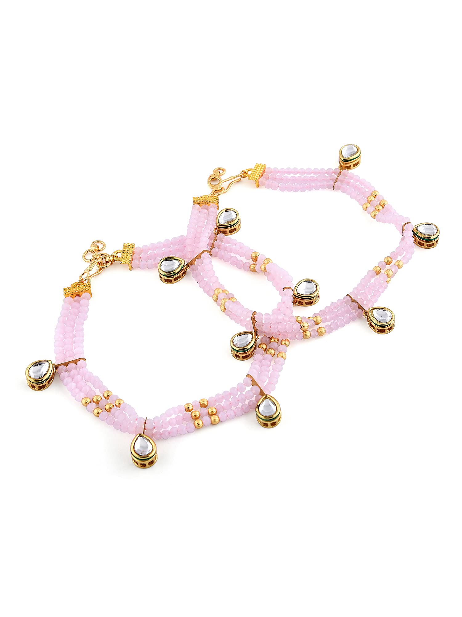 Pink Crystal Beads Wedding Collection Kundan Payal For Women (2 Anklets)-ZPFK10466-image-46