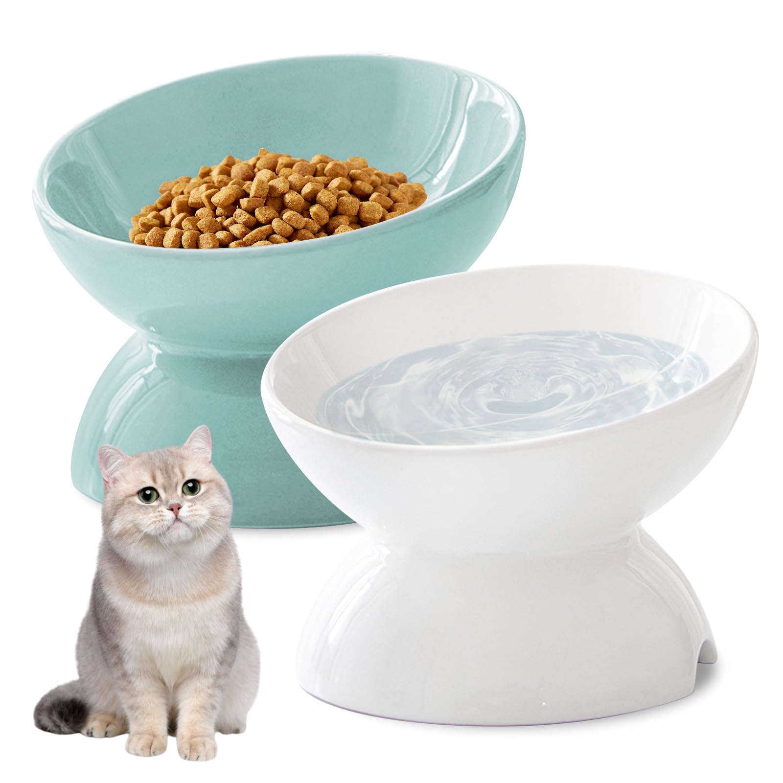Gamelle Chat Surélevée en Céramique – Set de 2 Gamelle pour Chat Surélevée Antidérapante, Gamelle Ceramique Chat, Mangeoirs et Abreuvoirs pour Chats, Idéale pour Prévenir Les Vomissements