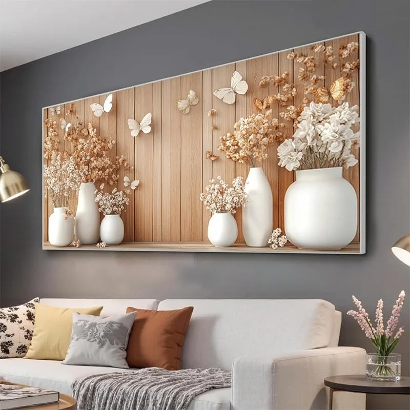 SDVIB Moderne abstrakte Wandkunst mit weißen Vasen und Trockenblumen, für Wohn- und Schlafzimmer (80 x 160 cm/rahmenlos)
