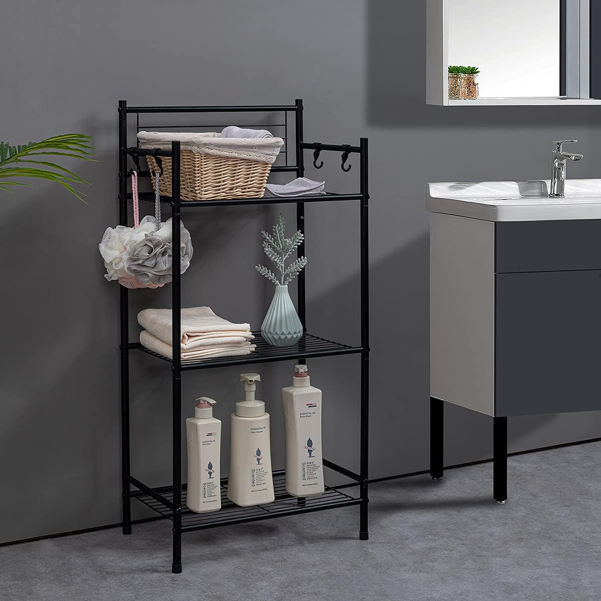 3-Shelf Tier Standing Unit Storage Wire Shelving Multipurpose Rack Organizer with 4-Hooks for Bathroom Laundry Kitchen Office, Black