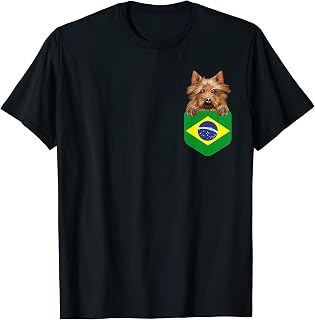 Brazil Flag Australian Terrier Dog In Pocket T-Shirt