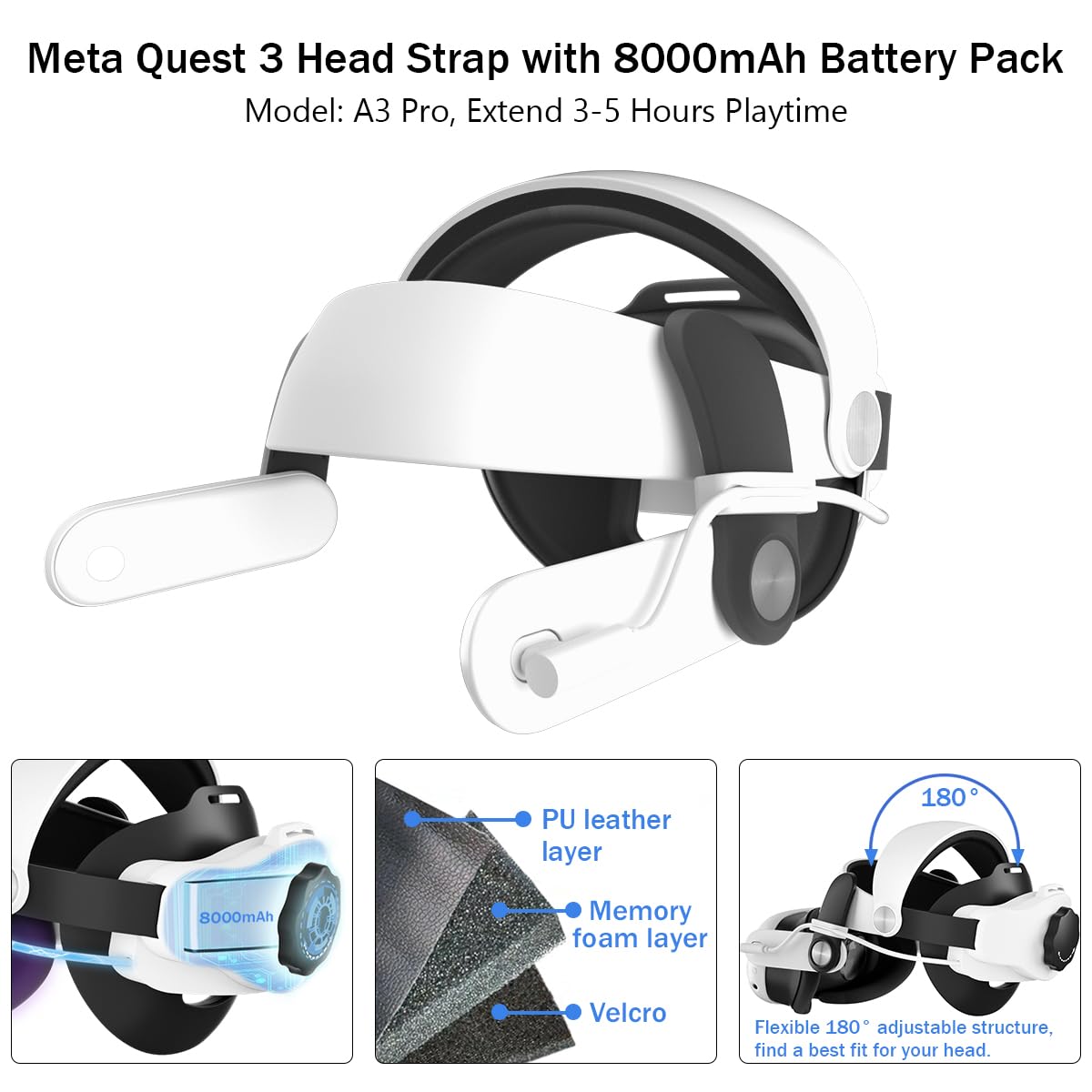 Adicop Hoofdband compatibel met Meta/Quest 3, Ingebouwde 15000 mAh