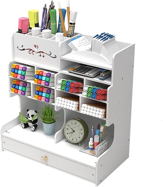White Desk Organiser with Drawer, DIY Pencil Holder Desk Tidy Caddy Office Stationery Desktop Organizer for Home, Office and SchoolPB18 White