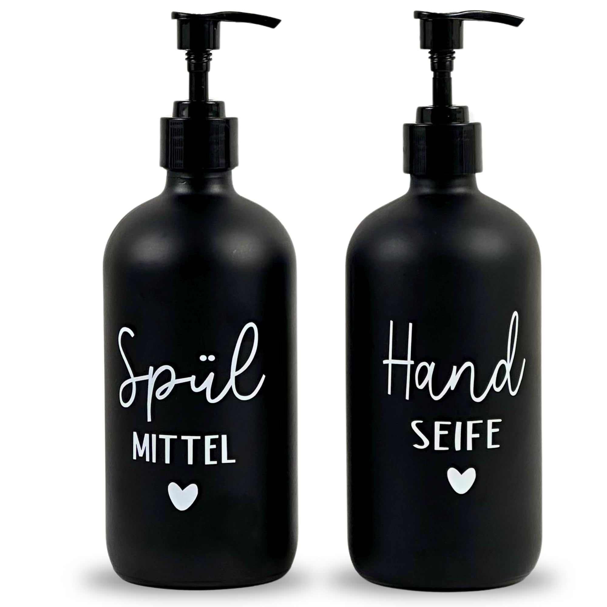 Glas Seifenspender 500ml - Schwarzer Pumpspender, Spülmittelspender für Küche. Handseifenspender für Badezimmer (Schwarz, Spülmittel + Handseife)