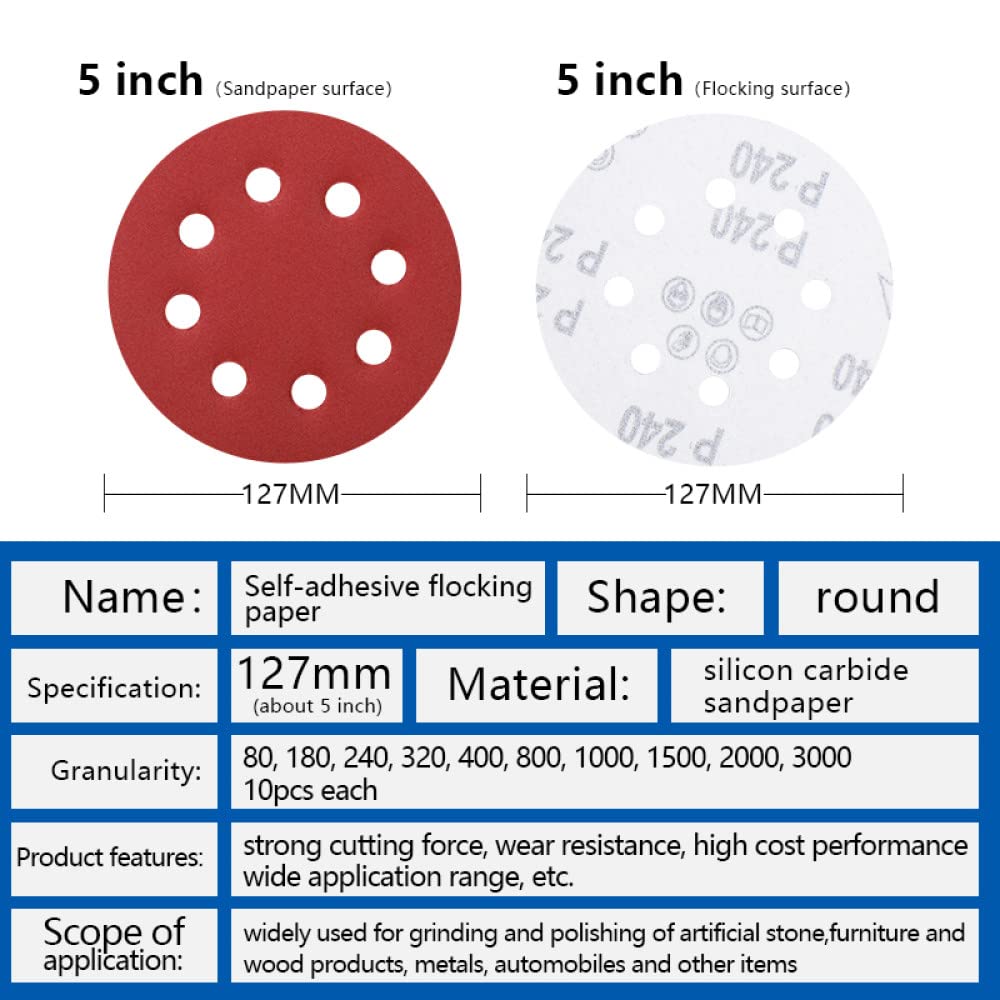 Discos De Lijado Hoja De Pulido De Forma Redonda De 5 Pulgadas (125 Mm) Grano 80-3000 Almohadilla De Pulido De Lijadora De 8 Agujeros Papel De Lija Abrasivo,Juego De 100 Piezas,h