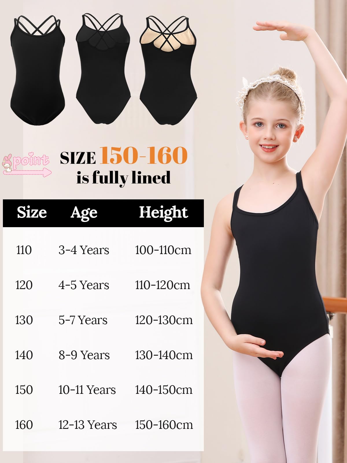 Body nero per ragazze, body da balletto, canotta, danza, ginnastica, abbigliamento da danza per 3-13 anni