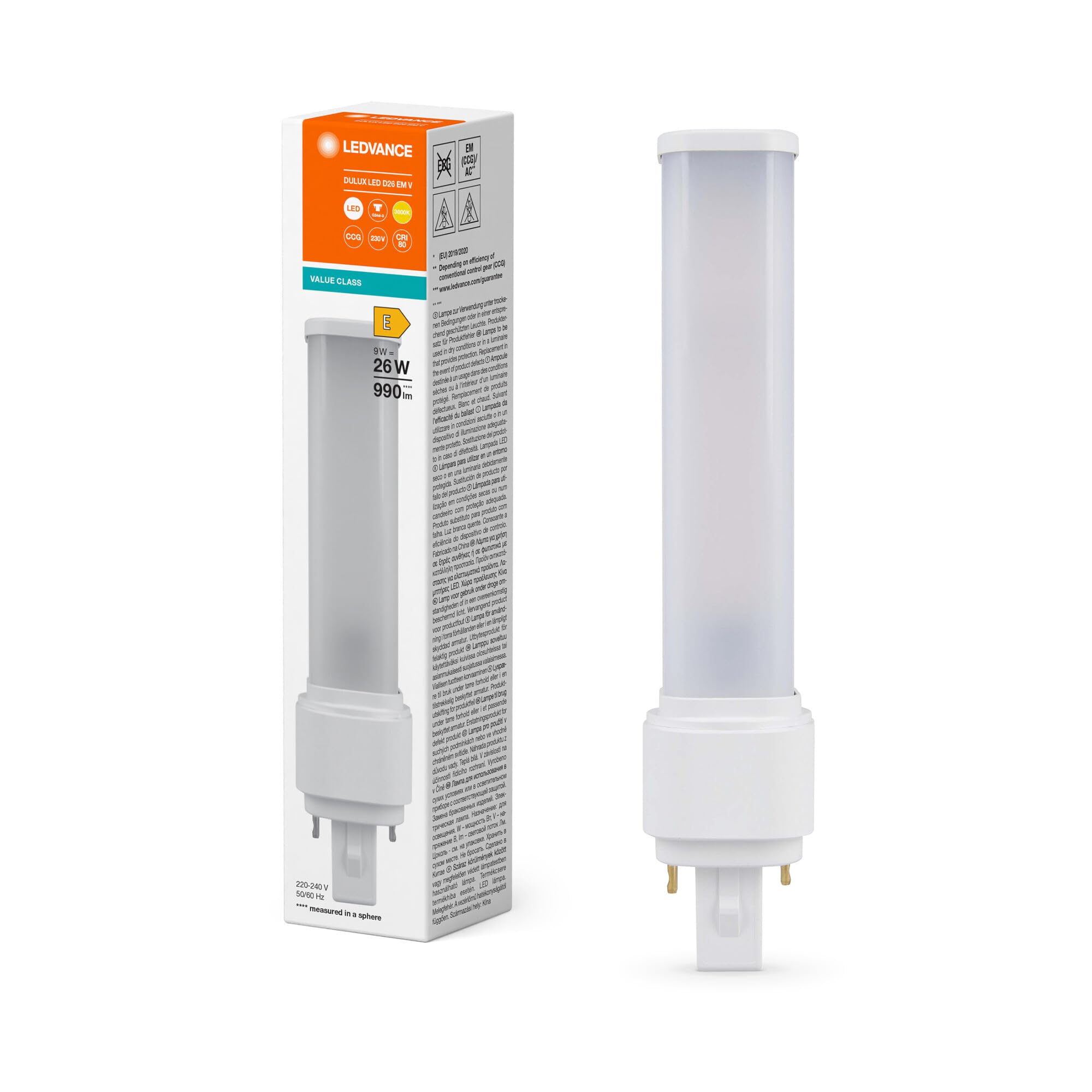 LEDVANCE Dulux-D LED 9W - 830 Warm White | Replacement for 26W