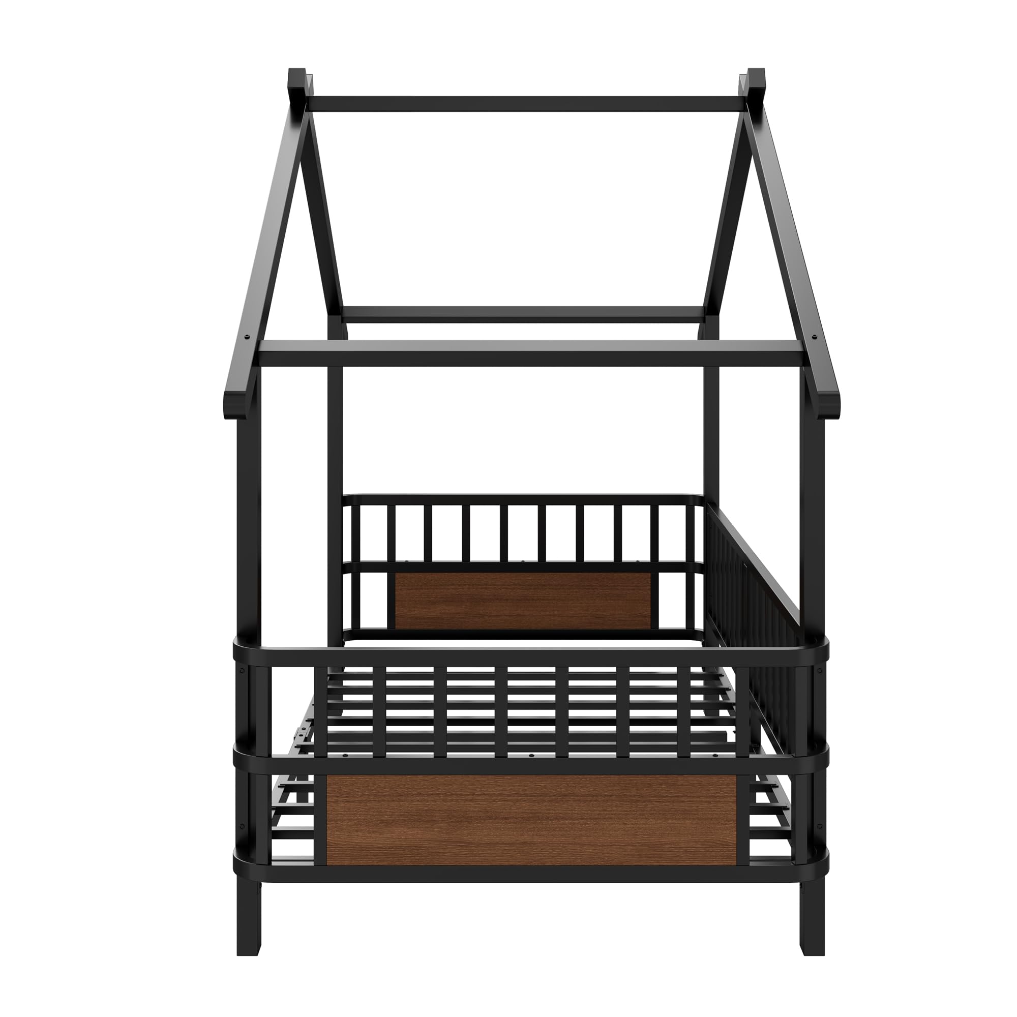 Merax Kinderbett aus Metall in Hausform 90x200 cm mit Sicherheitsgitter & Dachdesign – Schwarz (Ohne Matratze)