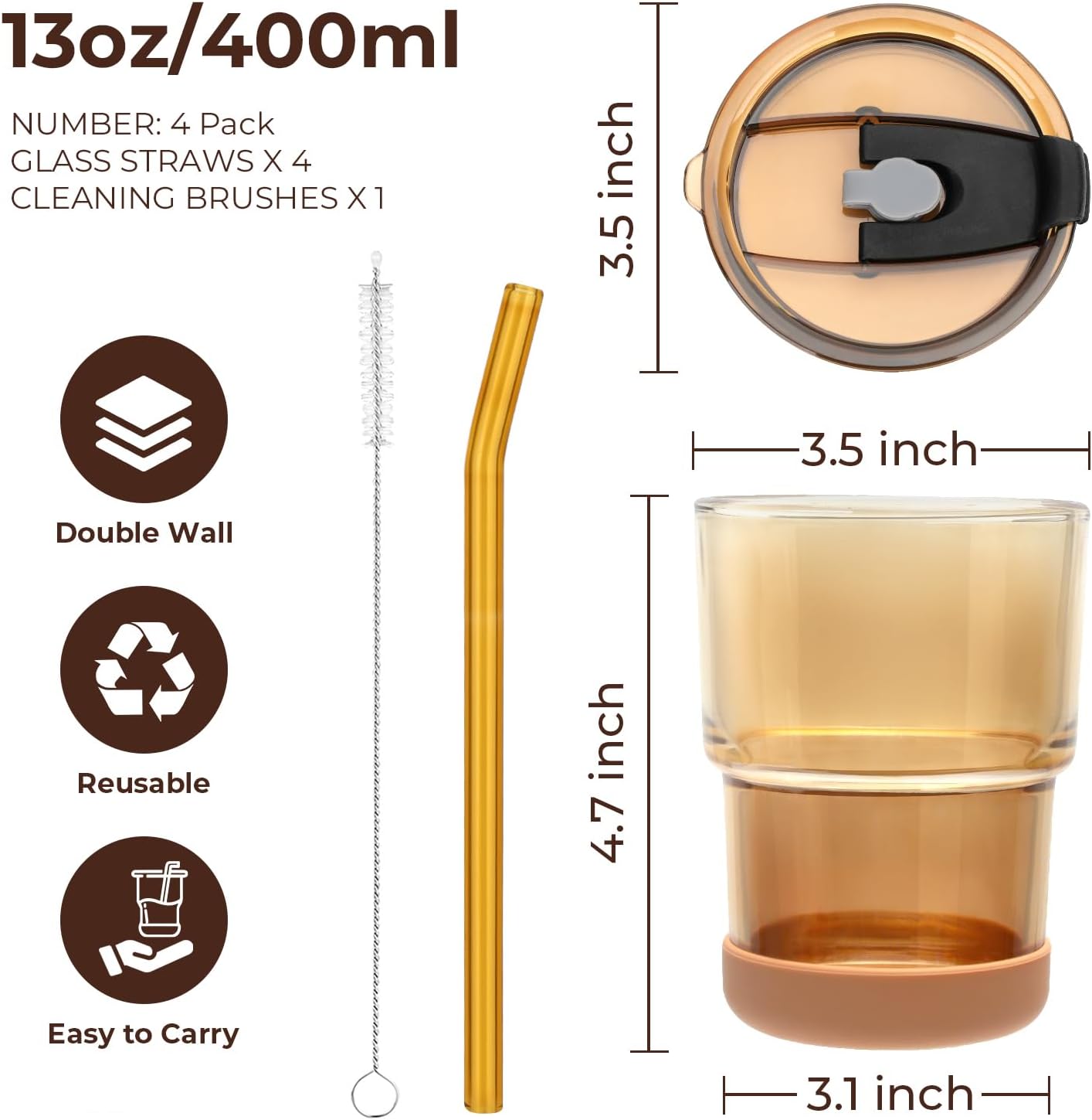 13 Oz Glass Cups with Lids and Straws, Reusable Iced Coffee Water Tumblers, Sealed Carry-On Thick Wall Drinking Cups for Cold Brew, Smoothie, Juice (4 Pack-2 Amber,2 Black)