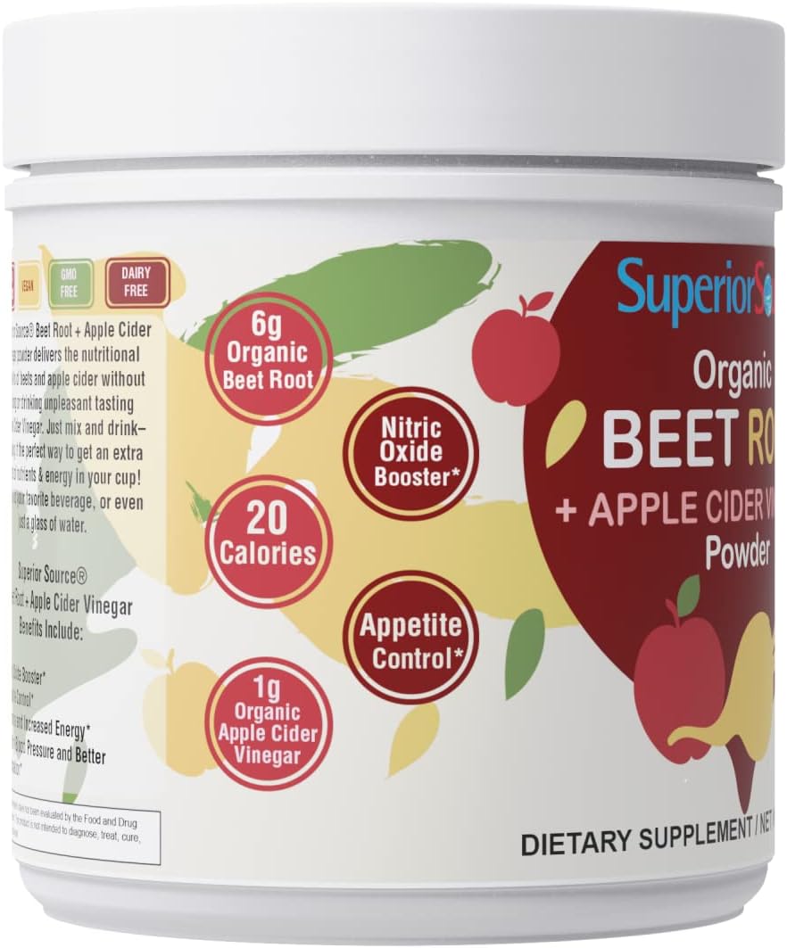 Superior Source Organic Beet Root + Organic Apple Cider Vinegar Powder, 30 (7 g) Servings, Nitric Oxide Booster, Energy, May Support Heart Health, Immunity & Detox, Non-GMO