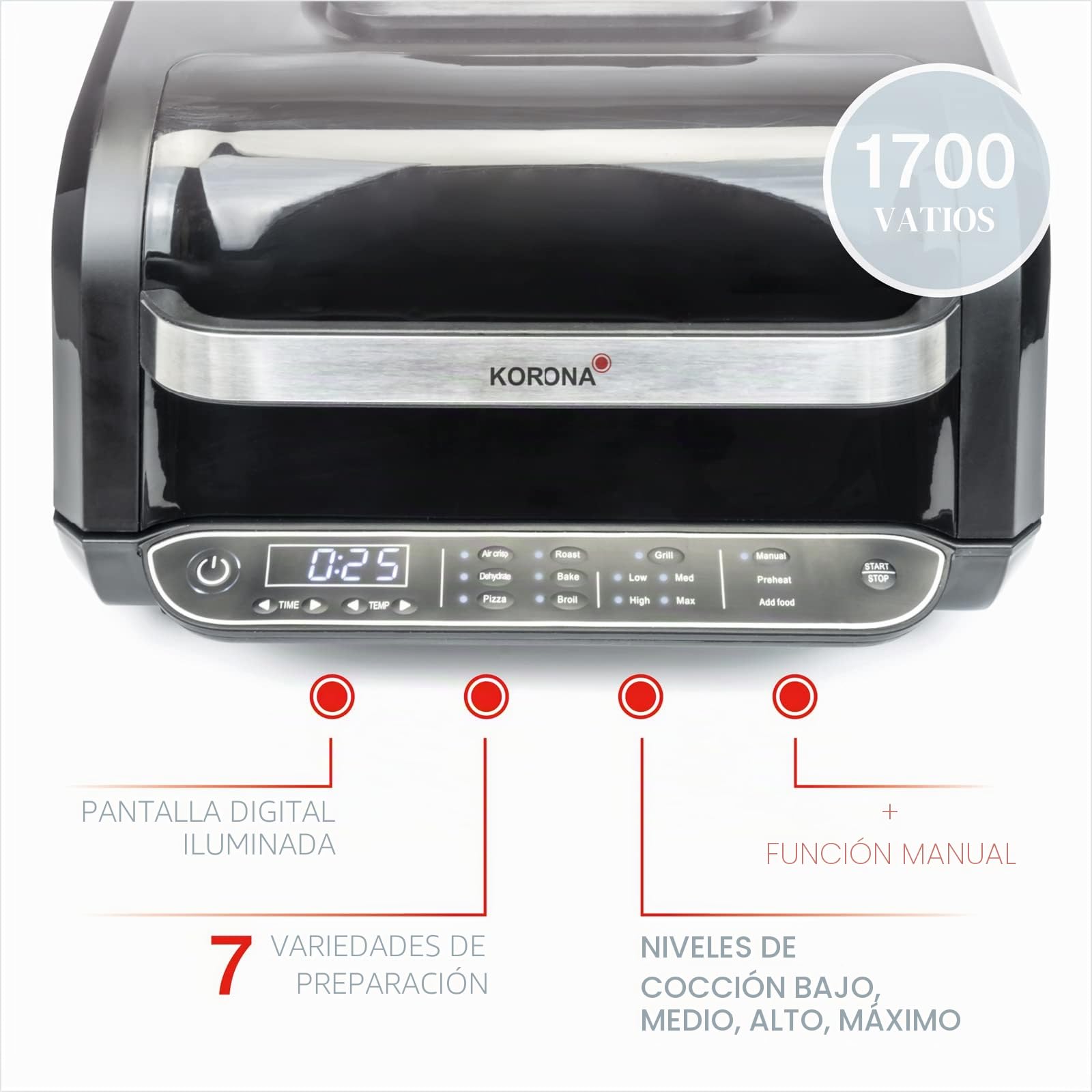 Korona 46160 Barbacoa y freidora de aire caliente | 6 litros | 8 funciones – Freidora de aire caliente, horno, horno de pizza, deshidratador, función asado, barbacoa, 4 niveles de cocción, rejilla
