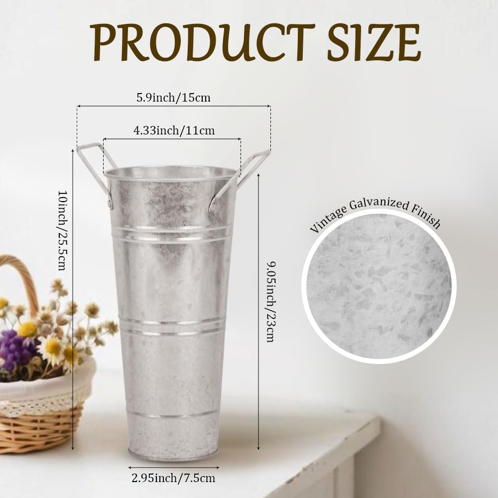 8 Pcs 10 Inch Galvanized Metal Vase, Farmhouse Decorative Flower Buckets for Cut Flowers, French Country Decorative Vases for Home Table Wedding Birthday (Sliver)