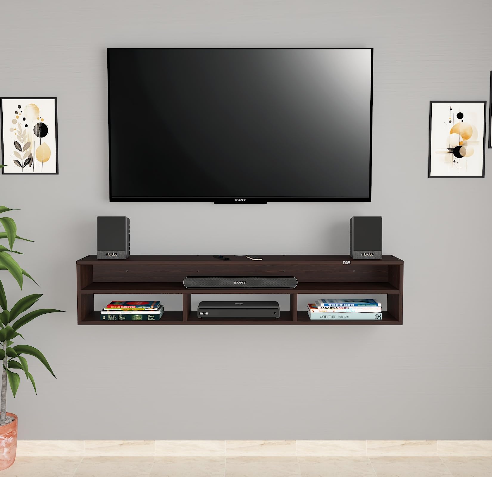 DAS August Wall Mount Engineered Wood TV Entertainment Unit/Tv Rack Set to Box Stand with Wall Shelves for Living Room Flowery Wenge Finish (Ideal for up to 55") Screen-image-45